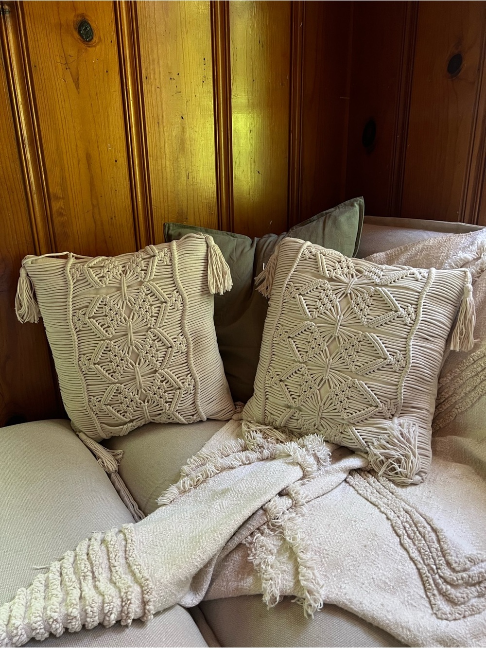 Cream Macramé Decorative Throw Pillow Covers 16” (Set of 2)
